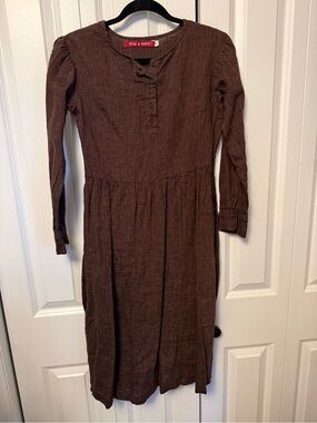Pyne & Smith Brown Pinstripe Linen Long-Sleeve Midi Dress